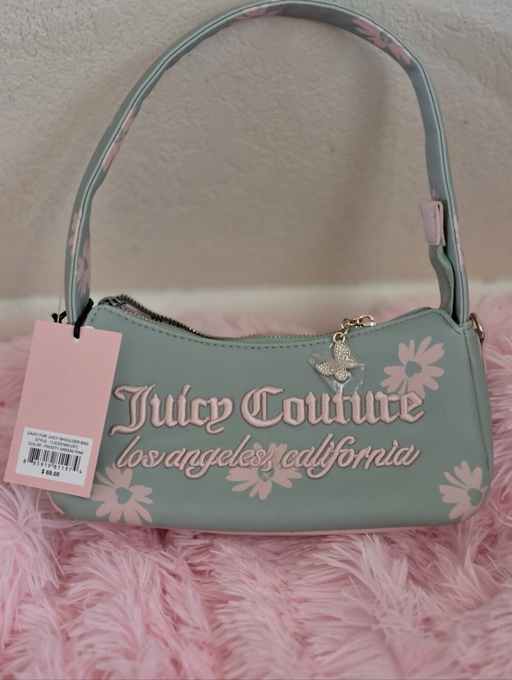 Juicy Couture Mint Green Shoulder Bag with Pink Floral Accents